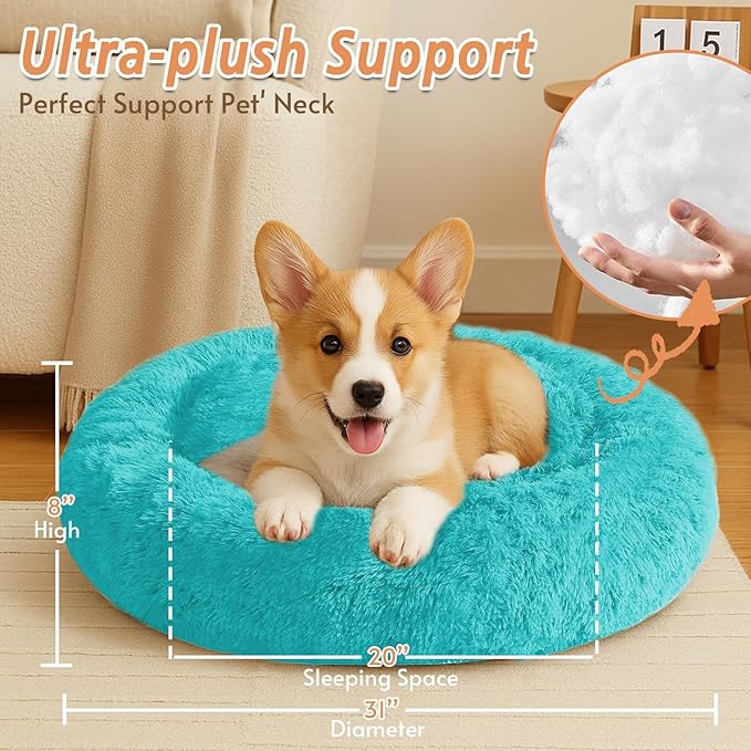 JOLLYVOGUE Calming Dog Bed Medium Size Dog, Anti-Anxiety Donut Medium Pet Bed, 31 inches Fluffy Faux Fur Round Cat Bed, Fits up to 45 lbs Pets (Aqua Blue)