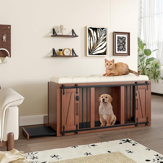 56" L Dog Crate Furniture with Padded Seat, End of Bed Bench Ottoman with Cushion, Wooden Dog Kennel with Pet Stairs & Sliding Barn Door for Bedroom, Living Room, Walnut