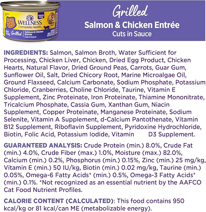 Wellness Complete Health Grilled, Adult Wet Cat Food, Natural, Protein-Rich, Grain-Free, Canned, 3 Ounce, 12 Pack, (Salmon and Chicken Entrée Recipe)