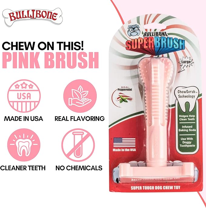 Bullibone SuperBrush: Dog Teeth Cleaning Brushing Toothbrush Stick - Long Lasting Nylon Pink Peppermint Chew Toy for Oral Care and Dental Health