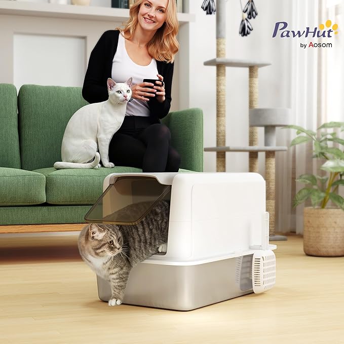PawHut Stainless Steel Cat Litter Box, Extra Large 2 in 1 Metal Kitty Litter Pan with High Enclosure, Removable Lid & Scoop, Filter Bags, Easy to Clean, for Small to Large Kittens, White