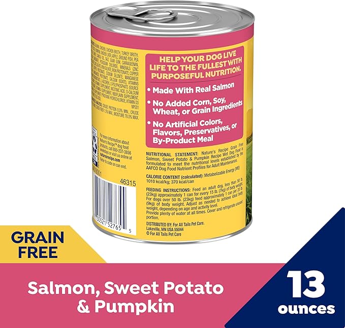 Nature's Recipe Grain Free Wet Dog Food Salmon, Sweet Potato, and Pumpkin Recipe, 13 oz. Can (Pack of 12)