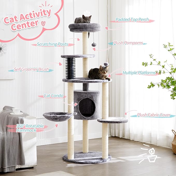 MADE 4 PETS Cat Tree for Indoor Cats, 60.2 inch Tall, 5-Level, Modern, Grey, Sisal Scratch Posts, Cat Condo with Hammock, Cat Tower for Large Breeds