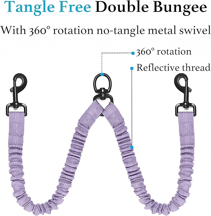 iYoShop Dual Dog Leash - 360° Swivel, No Tangle Walking Leash with Shock Absorbing Bungee for Two Dogs (Large, 25-150 lbs, Lavender)