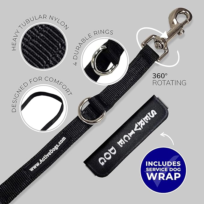 ActiveDogs Hands Free Dog Leash – Adjustable 4-Point Crossbody Hands Free Leash for Mobility & Training – Waist Belt for Dog Walking - Durable 3/4" Double-Stitched Nylon, Black, 6.5ft