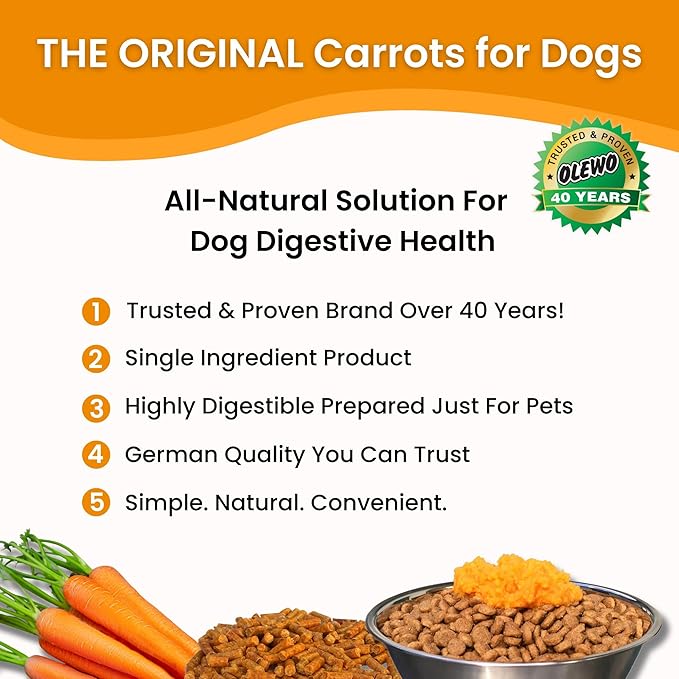 Olewo Original Carrots for Dogs – Fiber for Perfect Poop, Dehydrated Dog Food Toppers for Picky Eaters, Natural Skin & Coat Support, Multivitamin, Probiotics for Digestive & Gut Health, 2.2 lbs
