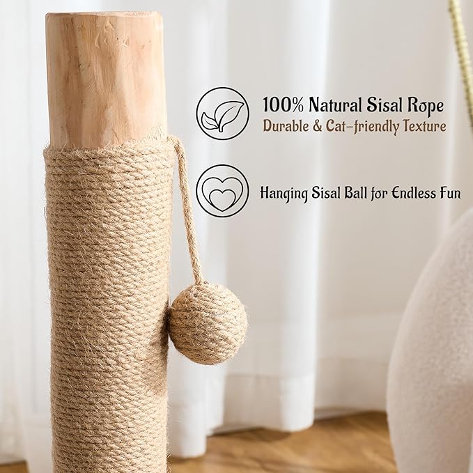 29" Tall Cat Scratching Post for Indoor Cats Adults, Extra-Stable & Natural Solid Wood Scratching Post Sisal Scratcher with Hanging Funny Ball, Beige