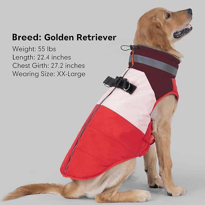 azuza Dog Jacket for Medium Dogs Waterproof Dog Coat with Reflective Strips and Harness Built in Warm Fleece Dogs Winter Coat Windproof with Back Zipper, Red 2XL