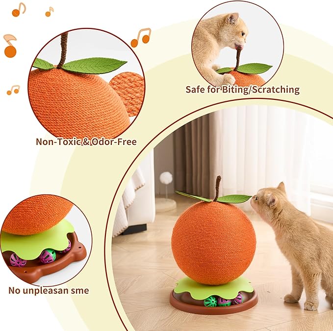 3-in-1 Modern Cat Ball Scratcher & Cat Toys for Indoor Cats/Kittens, Cute Orange/Frog/Bee Design with Bell Ball Track, Natural Sisal Cat Scratching Post, Space-Saving Interactive Cat Scratcher
