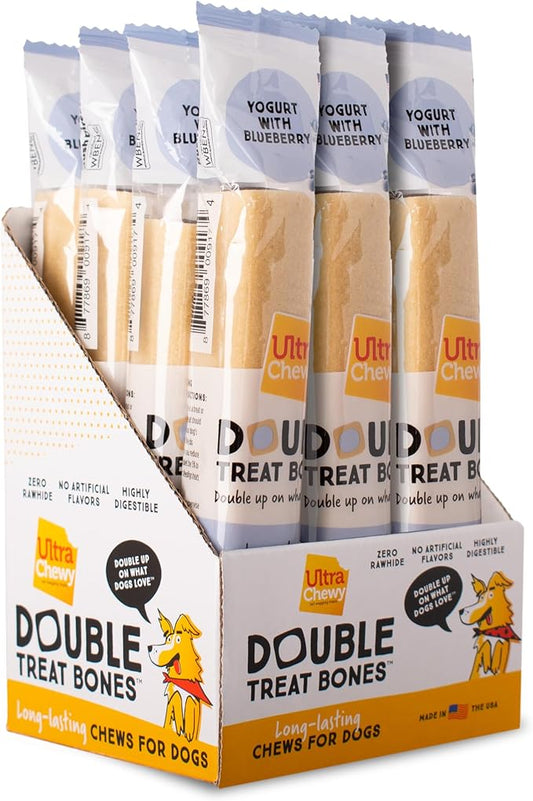 Ultra Chewy Yogurt with Blueberry Double Treat Bones: Long-Lasting Dog Treats Made in USA for Large and Small Breeds, Highly Digestible (12 Count)
