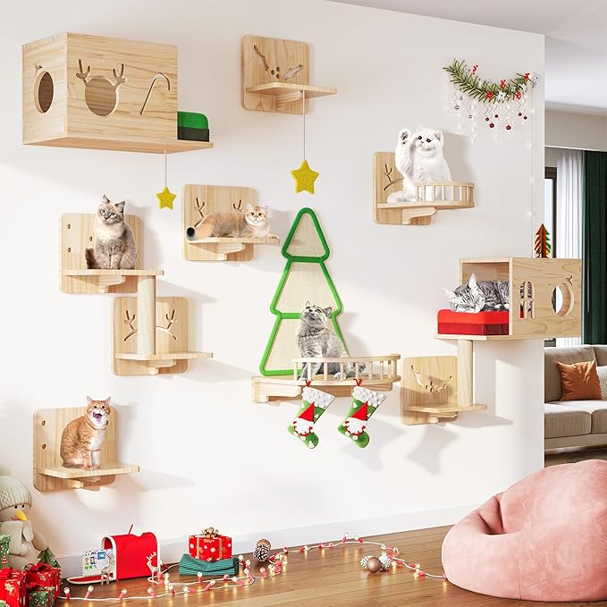 Cat Wall Shelves, 17-in-1 Solid Wood Wall-Mounted Cats Furniture Set with Scratching Post, Cat Climbing Wall Systems with Condos, House, Steps, Cushion, Small Bowl, Cats Shelf Furniture