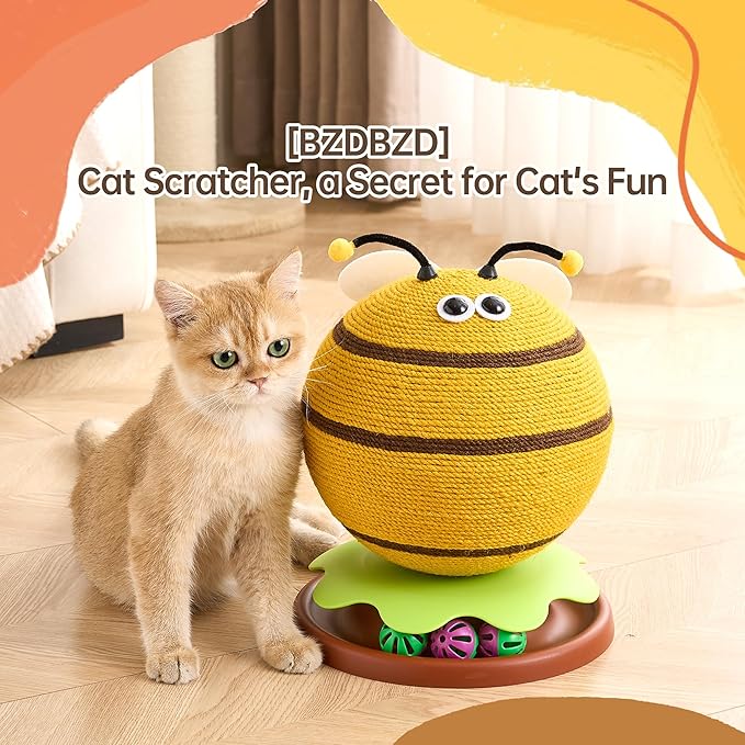 3-in-1 Modern Cat Ball Scratcher & Cat Toys for Indoor Cats/Kittens, Cute Orange/Frog/Bee Design with Bell Ball Track, Natural Sisal Cat Scratching Post, Space-Saving Interactive Cat Scratcher