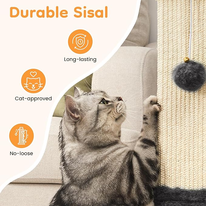 Indoor Cat Scratching Post: 32 in Tall Cat Scratcher with Natural Sisal Rope, Kitty Pet Tower with Sturdy Wood Base and Hanging Ball Toy, Great Gift for Small and Large Kittens, Dark Grey