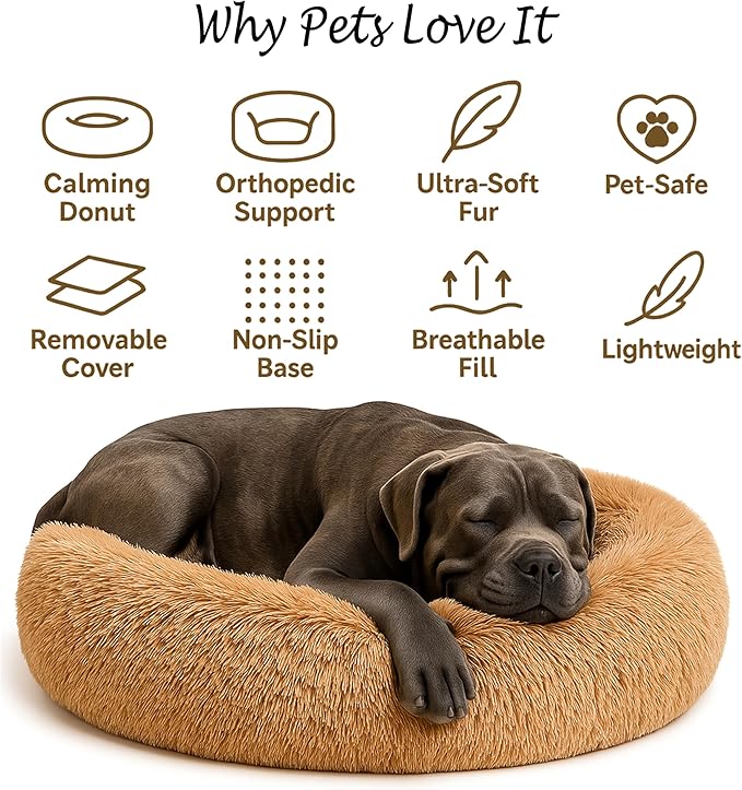 Calming Dog Bed - Fluffy Donut Cuddler for Anxiety Relief, Orthopedic Pet Bed with Non-Slip Bottom, Cozy Round Faux Fur Nest for Dogs and Cats, Plush Crate Mat for Comfort (Camel, Large)