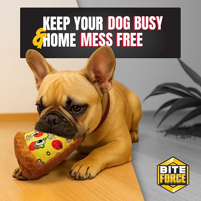 Bite Force -Durable & Strong Dog Toy Pizza Slice with Squeaker, Kevlar-Reinforced for Aggressive Chewers for Small Medium Large Dogs - Yellow.