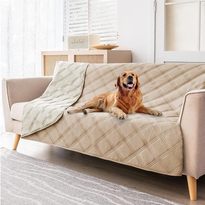 fuguitex Waterproof Dog Blanket, Pet Friendly Reversible Throw Essential for Small Dogs, Tear Resistant Leakproof Washable Couch Cushion Bed Protector Cover for Indoor Furniture（30"*70",Beige+Cream
