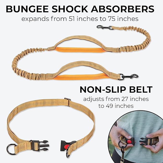 Squirrel Products Hands Free Dog Leash with Hip Belt/Crossbody Strap, Zipper Pouch, and Shock Absorbing Bungee for Walking or Jogging with pet (Tan, Orange)