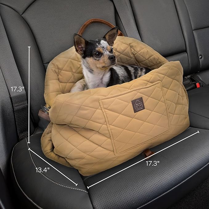 4 Cats & Dogs Mew Mew Travel Pet Bed – Soft Carrier for Small Dogs & Cats, Water-Resistant Quilted Shell, Adjustable Belts for Car Travel, Anti-Slip Bottom, Portable Pet Bed & Travel Bag - Caramel