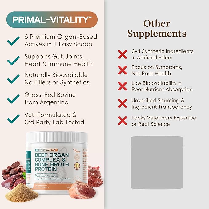 PawOrigins® Primal-Vitality™ Bone Broth Powder for Dogs – Grass-Fed Beef Organ Complex with Liver, Heart, Kidney, Pancreas, Spleen & Bone Broth Protein – Natural Dog Food Topper, 120 Servings