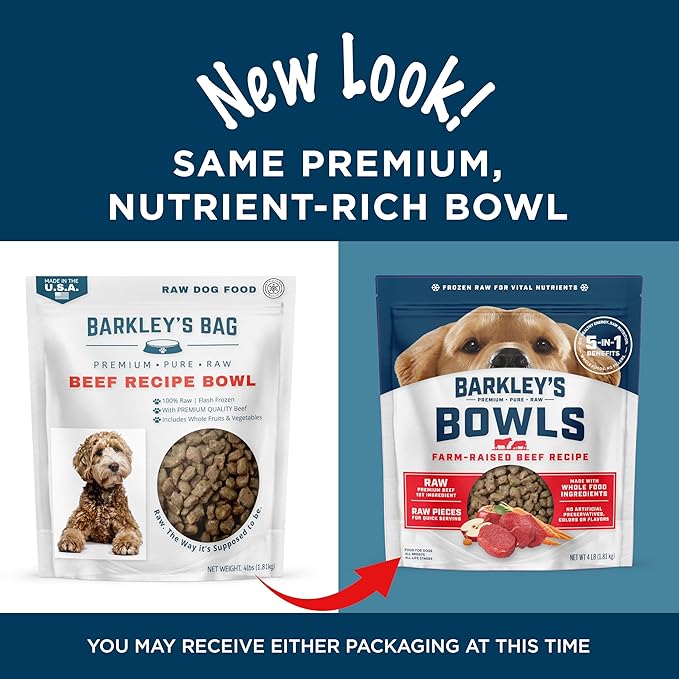 Barkley’s Bowls, Frozen Raw Beef Dog Food, Fresh Whole Food Ingredients with Farm-Raised Beef, Grain Free, High Protein for Balanced Nutrition, Frozen Meals Made with Human Grade Ingredients, 4 lb Bag