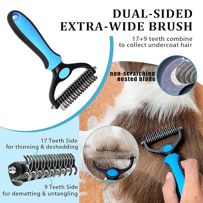 7PCS Dog Grooming Brush Kit for Shedding and Matted Fur, Self-Cleaning Slicker Brush with Undercoat Rake, Flea Comb for Long-Haired Pets, Blue