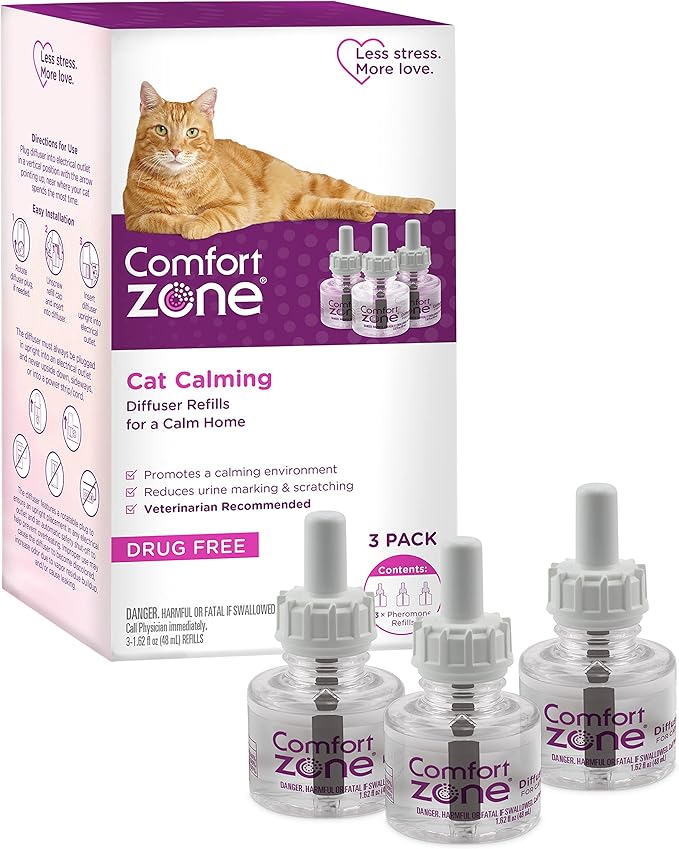 Comfort Zone Cat Calming Diffuser Refill, 3 Pack – Cat Calming Pheromone Refills Help Reduce Anxiety, Stress, Scratching, Urine Marking, Aggression, (30-Day Refills, 90-Day Supply)