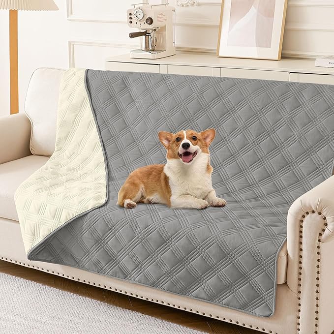 hyha Waterproof Dog Blanket, Reversible Pet Bed Blanket, Soft Sofa Couch Cover for Dogs Washable, Waterproof Pet Couch Covers for Sofa Puppy Cats Furniture Protector(68"x82", Grey/Beige)