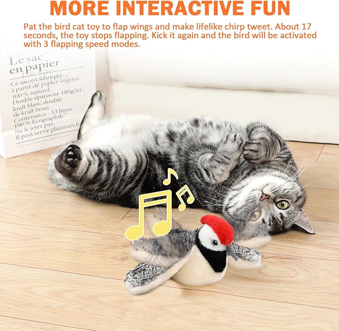 Tocirelo Flappy Bird Cat Toy, Simulated Flying, Not-Real Flying, Motion-Activated Chirping and Flapping Wings Cat Bird Toy, Realistic Cat Interactive Toys for Indoor Cats, Catnip Kitten Kicker Toy