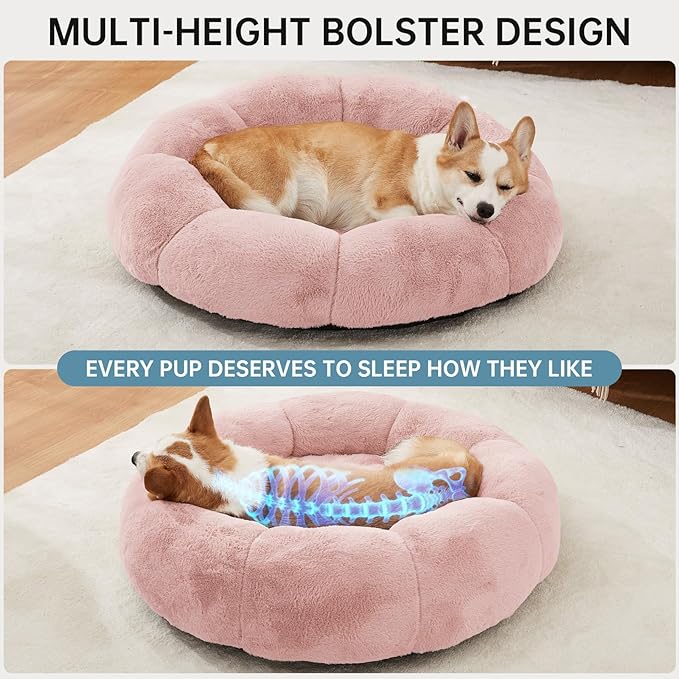 OhGeni 31 inches Calming Donut Orthopedic Dog & Cat Bed for Medium Pets, Warming Comfort Fluffy Short Pile Fur, Durable Waterproof Machine Washable Removable Cover, Cute Round Bed for Puppy, Pink