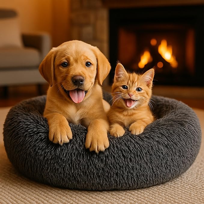 Calming Dog Bed - Fluffy Donut Cuddler for Anxiety Relief, Orthopedic Pet Bed with Non-Slip Bottom, Cozy Round Faux Fur Nest for Dogs and Cats, Plush Crate Mat for Comfort (Dark Grey, Medium)