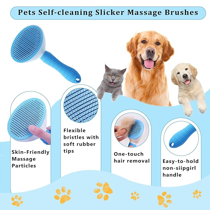 7PCS Dog Grooming Brush Kit for Shedding and Matted Fur, Self-Cleaning Slicker Brush with Undercoat Rake, Flea Comb for Long-Haired Pets, Blue