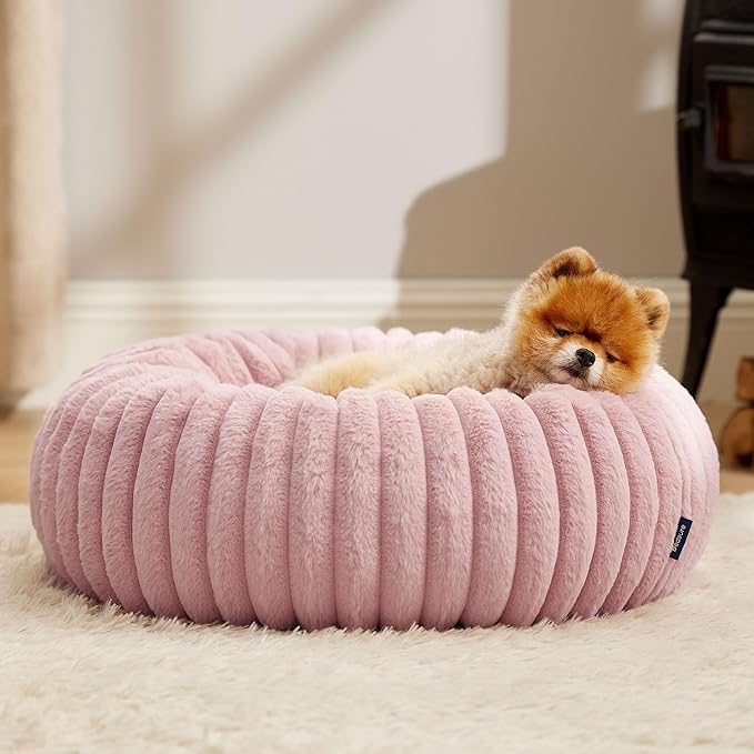 Bedsure Donut Small Dog Bed - Dog Beds for Small Dogs with Corduroy Fleece & Anti Slip Bottom, Round Faux Fur Pet Beds with Washable Removable Cover, Blush Pink, 23x23x7 inches
