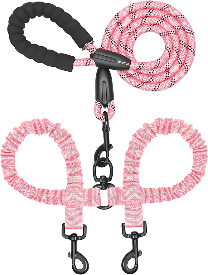 iYoShop Dual Dog Leash - 360° Swivel, No Tangle Walking Leash with Shock Absorbing Bungee for Two Dogs (Large, 25-150 lbs, Baby Pink)