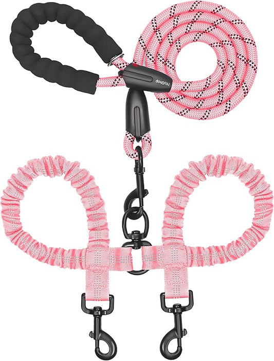 iYoShop Dual Dog Leash - 360° Swivel, No Tangle Walking Leash with Shock Absorbing Bungee for Two Dogs (Large, 25-150 lbs, Baby Pink)