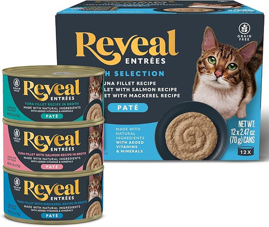 Reveal Entrées Natural Wet Cat Food Paté, Grain-Free with Added Vitamins & Minerals, Carrageenan-Free and High Protein, Fish Variety Selection Paté (12 x 2.47 oz Cans)