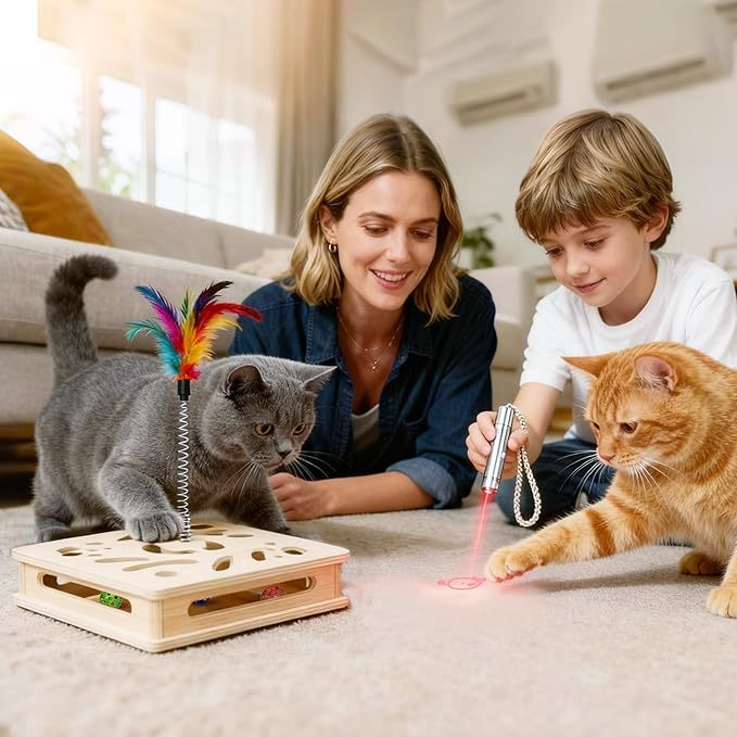 Cat Toy Set - Include 1 Interactive Wooden Puzzle Cat Toy Box & 7 in 1 Modes Adjustable Laser Pointer, Indoor Hunting Exercise Play Toy to Stimulate Your Cat’s Energy and Instincts