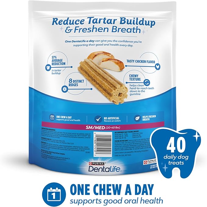 DentaLife Daily Oral Care Dog Treats for Small and Medium Dogs, Chewy Dental Treat to Freshen Breath and Fight Tartar, Chicken Flavor - 40 ct. Pouch