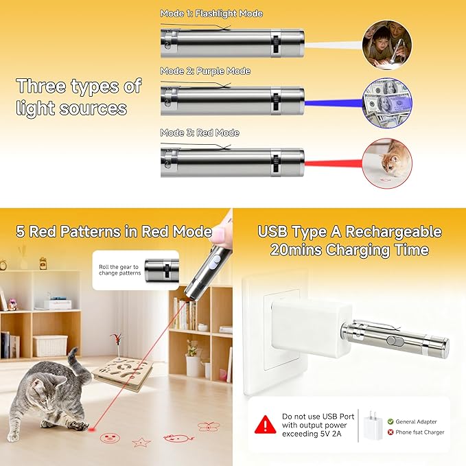 Cat Toy Set - Include 1 Interactive Wooden Puzzle Cat Toy Box & 7 in 1 Modes Adjustable Laser Pointer, Indoor Hunting Exercise Play Toy to Stimulate Your Cat’s Energy and Instincts