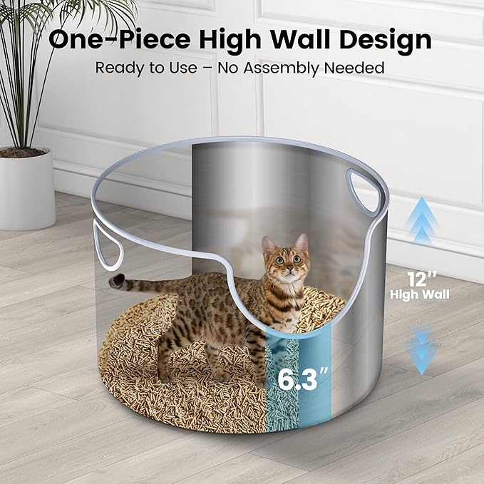 Stainless Steel Litter Box, Metal Litter Box, Integrated Round, XL 12'' High Side, Odor Control, Easy to Clean, Durable, Includes Scoop for Big Cats & Multi-Cat Households