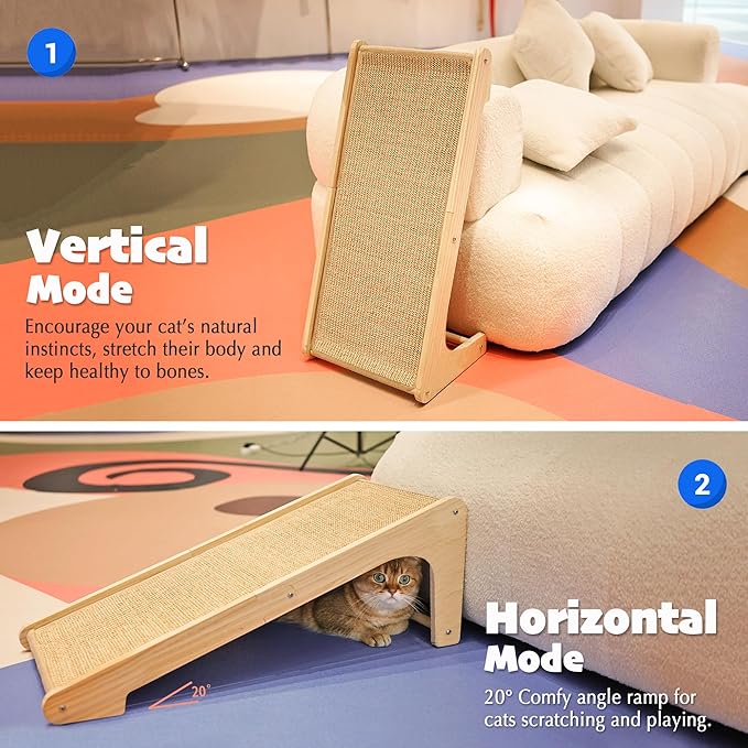 PETKARAY Sisal Cat Scratcher Ramp, L Shaped Scratching Post and Scratch Pad for Indoor Cats, Wall Furniture Protector(Large)