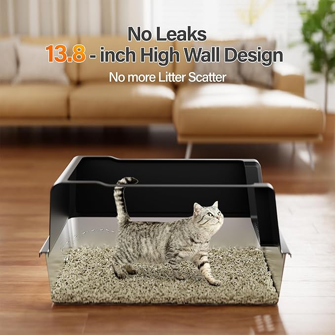 Stainless Steel Jumbo Open Cat Litter Box, XXXL 28"x20.5"x14" for Large Cats & Multi-Cat Households, Anti-Leakage High Walls & Non-Slip Base, Non-Sticky, Easy Clean Durable Metal Litter Pan