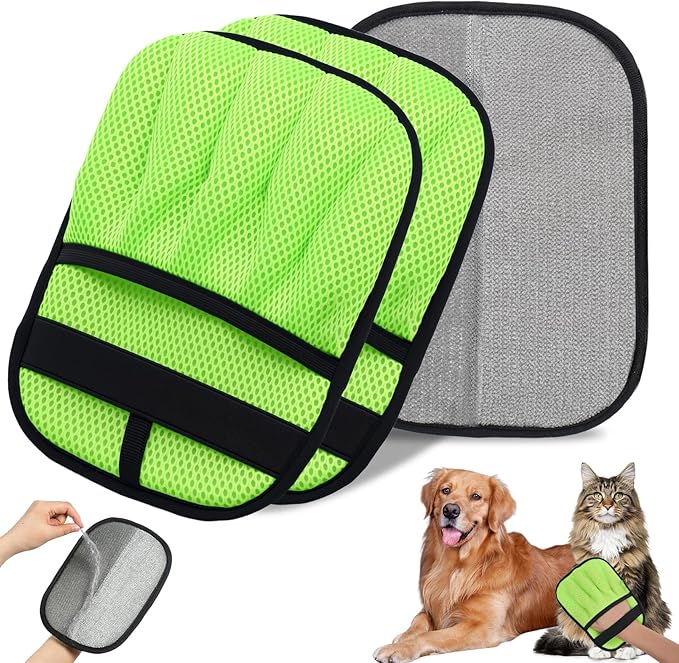 2Pcs Pet Hair Removal Gloves for Cats & Dogs: Upgraded Five-Finger Electrostatic Magic Brush | Reusable Pet Fur Remover Glove for Laundry, Couch, Carpet, Car Seats, Furniture & Clothing (Neon Green)