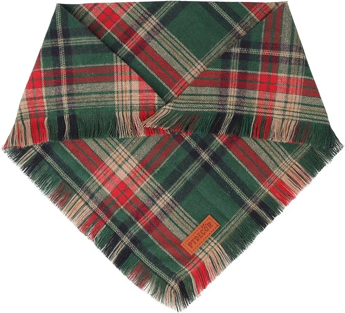 PTDECOR Christmas Dog Bandanas with Tassels Edges, 2 Pack Red Green Plaid Scarf Bib, Reversible Triangle Xmas Bandanas for Extra Large Dogs (X-Large)