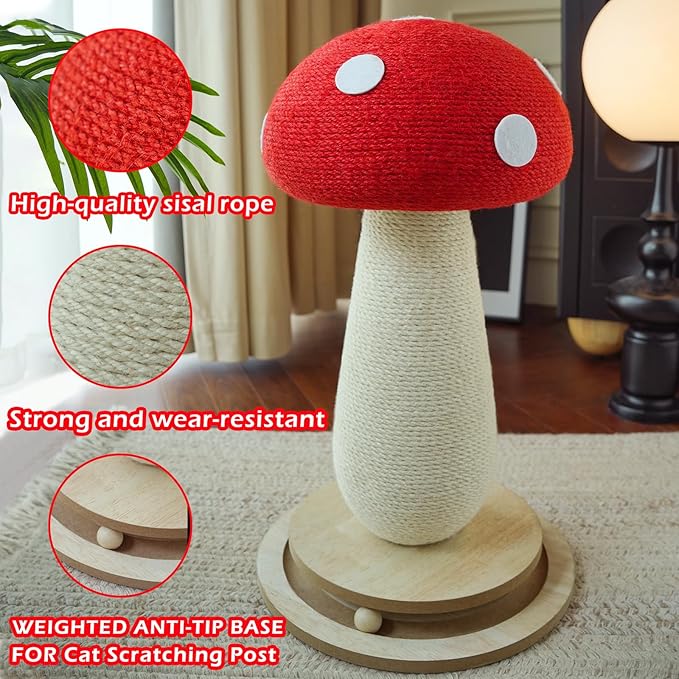 Mushroom Cat Scratching Post: 3-in-1 Sisal Scratcher with Bed & Ball - Sturdy Weighted Base, Space-Saving Design for Kittens & Cats