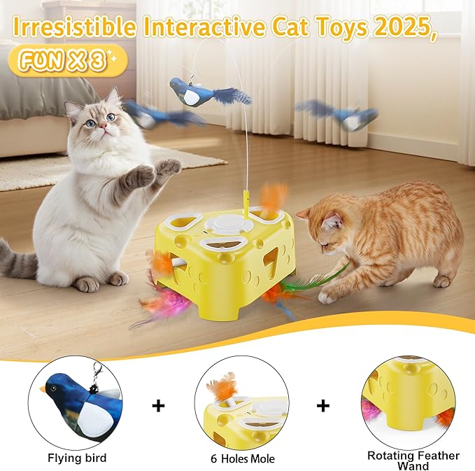 3-in-1 Automatic Cheese-Shaped Interactive Cat Toy – Flying Bird, 6-Hole Mole & Rotating Feather | USB Rechargeable Electronic Feather Toy for Indoor Adult Cats & Kittens, Relieves Boredom