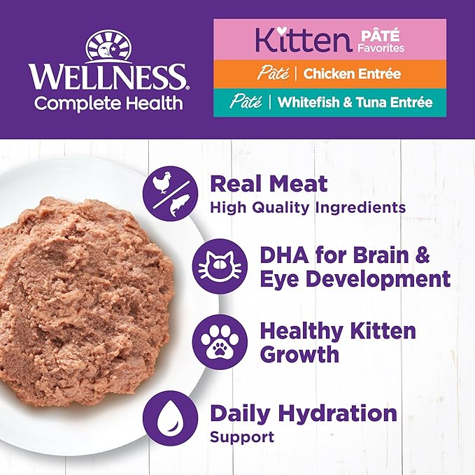 Wellness Complete Health Pate Kitten Wet Cat Food, Natural, Protein-Rich, Grain Free, 3 Ounce, 12 Pack, (Whitefish & Chicken Variety Pack)