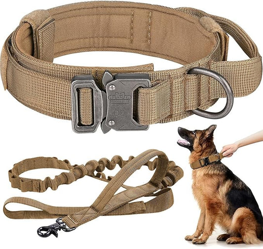 Tactical Dog Collar and Leash Set Heavy Duty Military Dog Collar with Handle and Metal Buckle for Medium and Large Dogs (Brown, L)