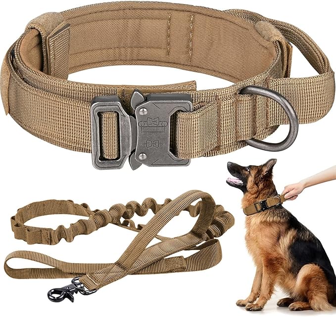 Tactical Dog Collar and Leash Set Heavy Duty Military Dog Collar with Handle and Metal Buckle for Medium and Large Dogs (Brown, M)