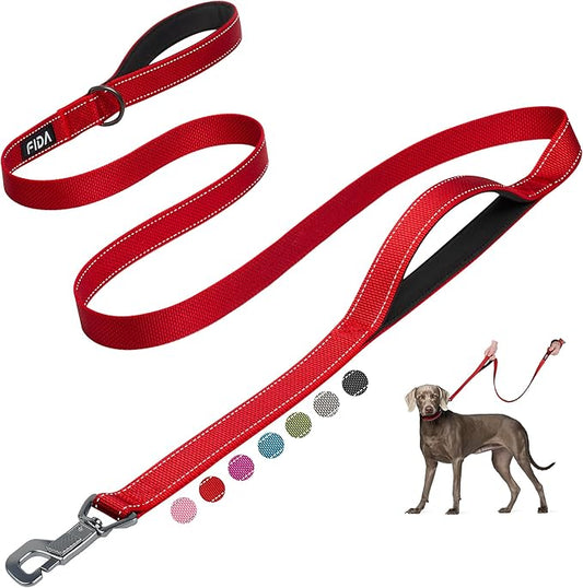 Fida 6 FT Heavy Duty Dog Leash with 2 Comfortable Padded Handles, Traffic Handle & Advanced Easy Snap Hook, Reflective Walking Lead for Large, Medium & Small Breed, Red