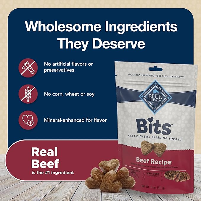 Blue Buffalo Bits Soft Dog Treats for Training, Made with Natural Ingredients & Enhanced with DHA, Beef Recipe, 4-oz Bag